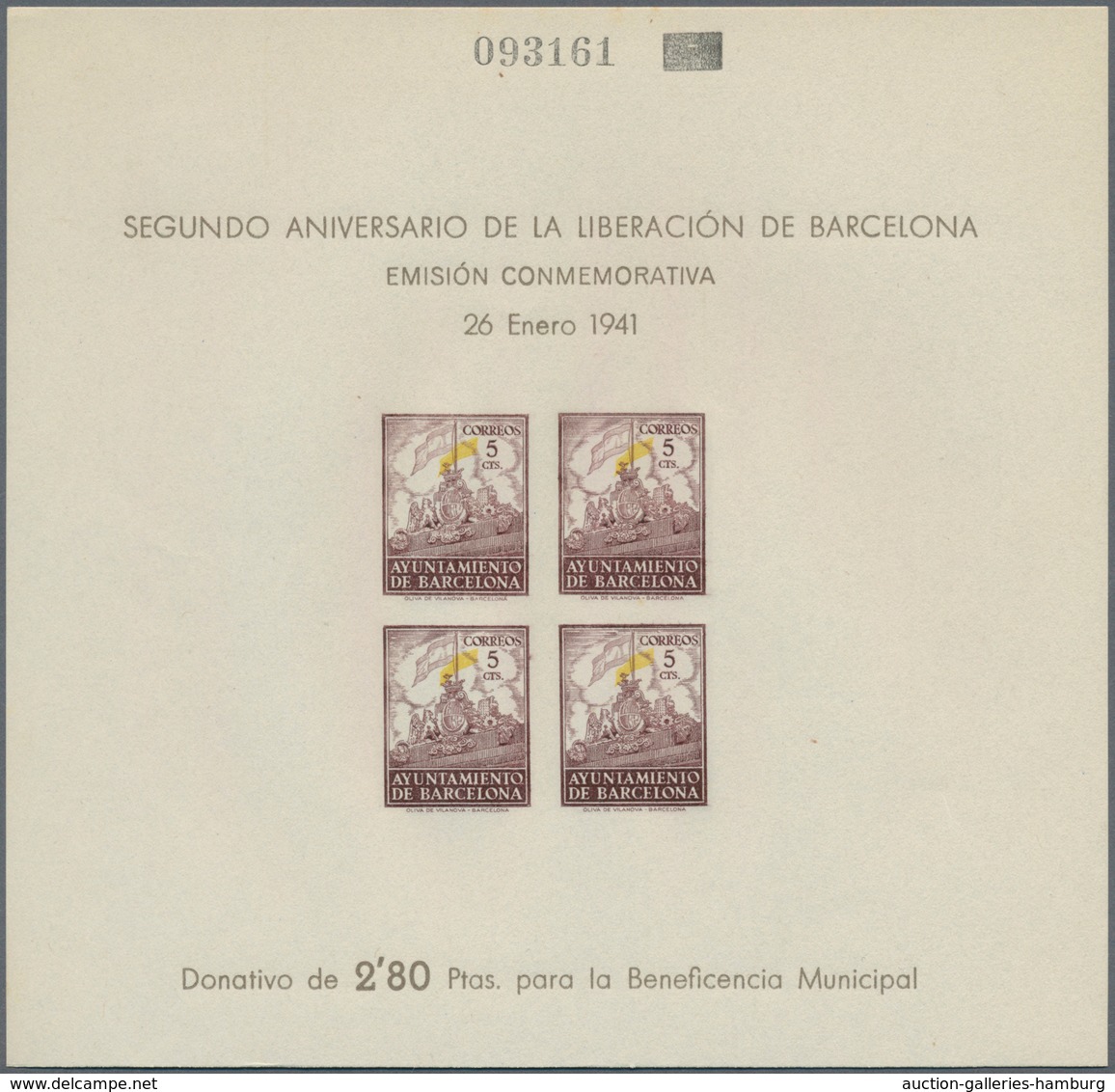 Spanien - Zwangszuschlagsmarken Für Barcelona: 1941, Coat Of Arms With Flag At Top Of Town Gate Of B - Impuestos De Guerra