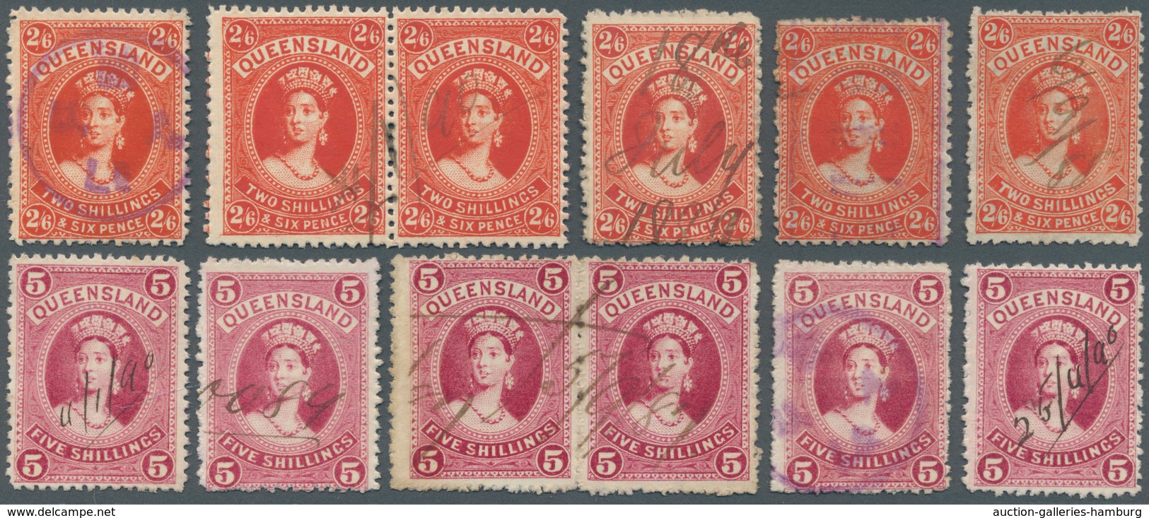 Queensland: 1882/1900 (ca.), QV Heads Large Types 2s.6d. Vermilion, 5s. Rose, 10s. Brown And £1 Deep - Briefe U. Dokumente