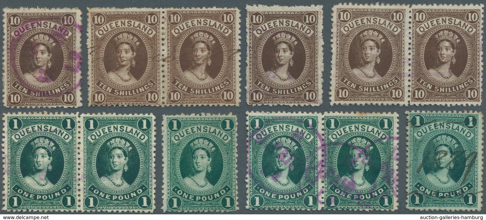 Queensland: 1882/1900 (ca.), QV Heads Large Types 2s.6d. Vermilion, 5s. Rose, 10s. Brown And £1 Deep - Briefe U. Dokumente