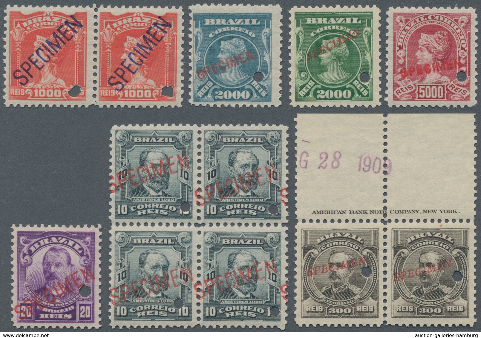 Brasilien: 1906-16, Liberty Issue 50 Stamps In Blocks And Strips Overprinted "SPECIMEN" In Different - Autres & Non Classés