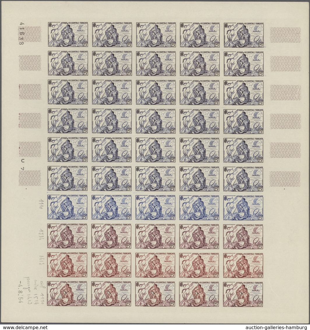 Französisch-Westafrika: 1954/1958, IMPERFORATE COLOUR PROOFS, MNH Assortment Of Ten Complete Sheets - Sonstige & Ohne Zuordnung