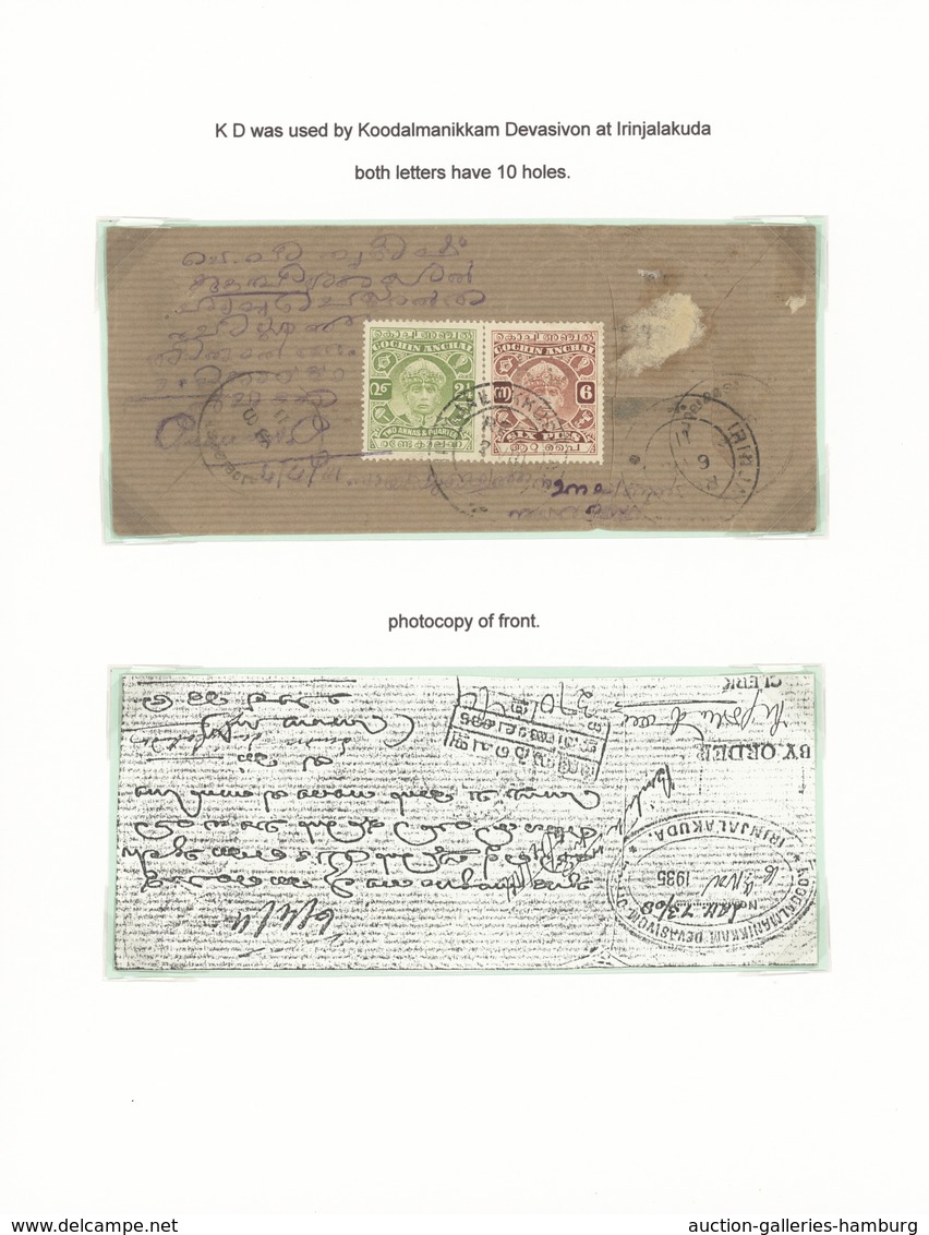 Indien - Feudalstaaten: COCHIN 1911-1940's PERFINS: Collection Of 52 Used Stamps And Two Stamps Used - Autres & Non Classés