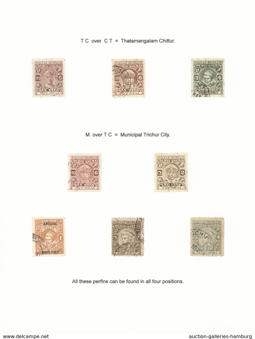 Indien - Feudalstaaten: COCHIN 1911-1940's PERFINS: Collection Of 52 Used Stamps And Two Stamps Used - Sonstige & Ohne Zuordnung