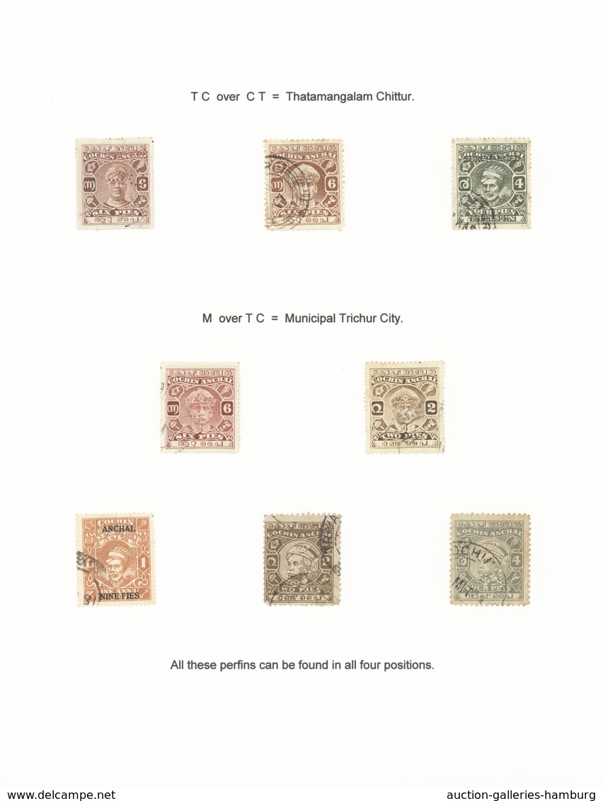 Indien - Feudalstaaten: COCHIN 1911-1940's PERFINS: Collection Of 52 Used Stamps And Two Stamps Used - Autres & Non Classés