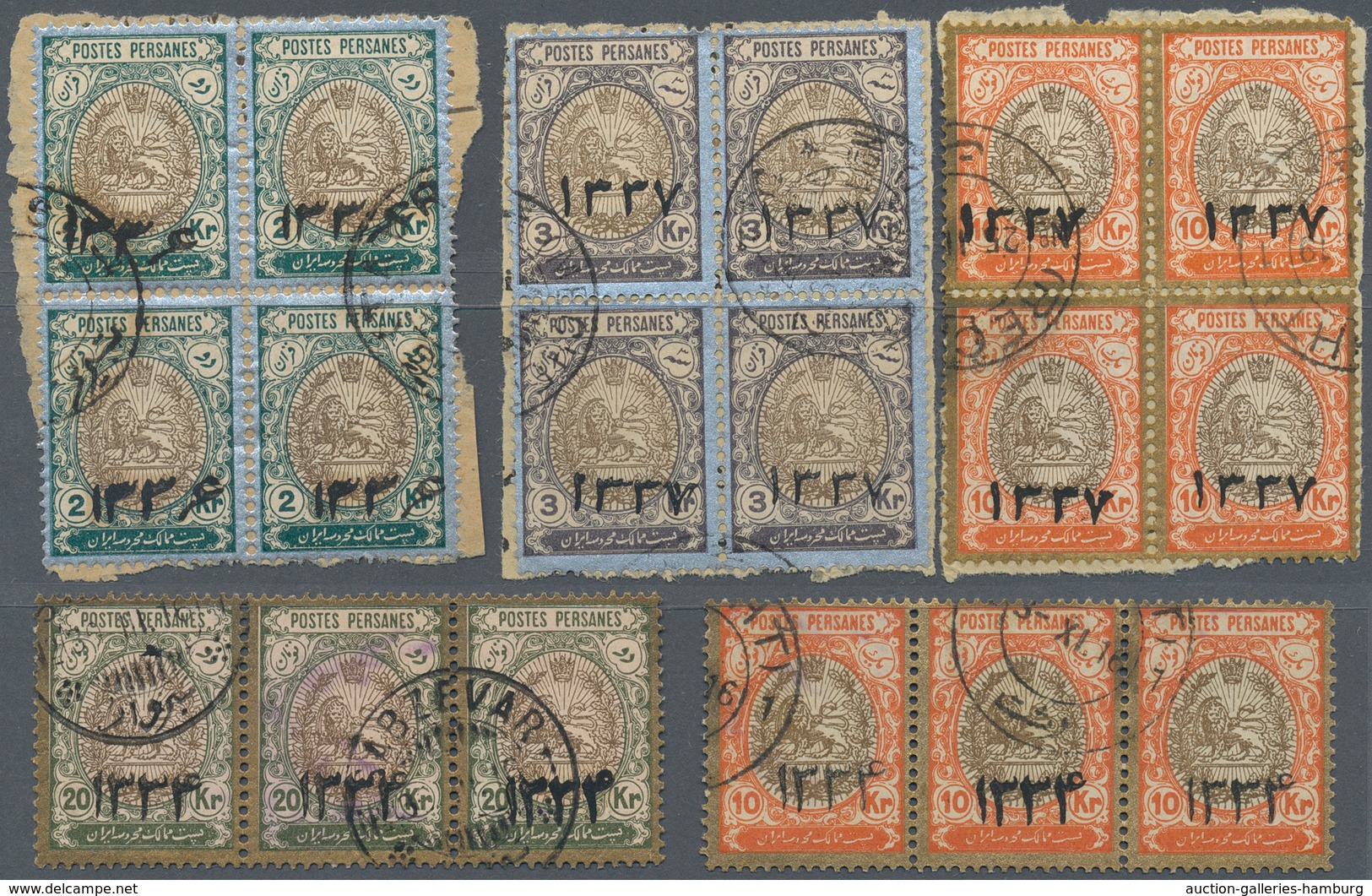 Iran: 1916/1918, Coat Of Arms With Year Date Overpints "1334" And "1337", Three Blocks Of Four And T - Irán