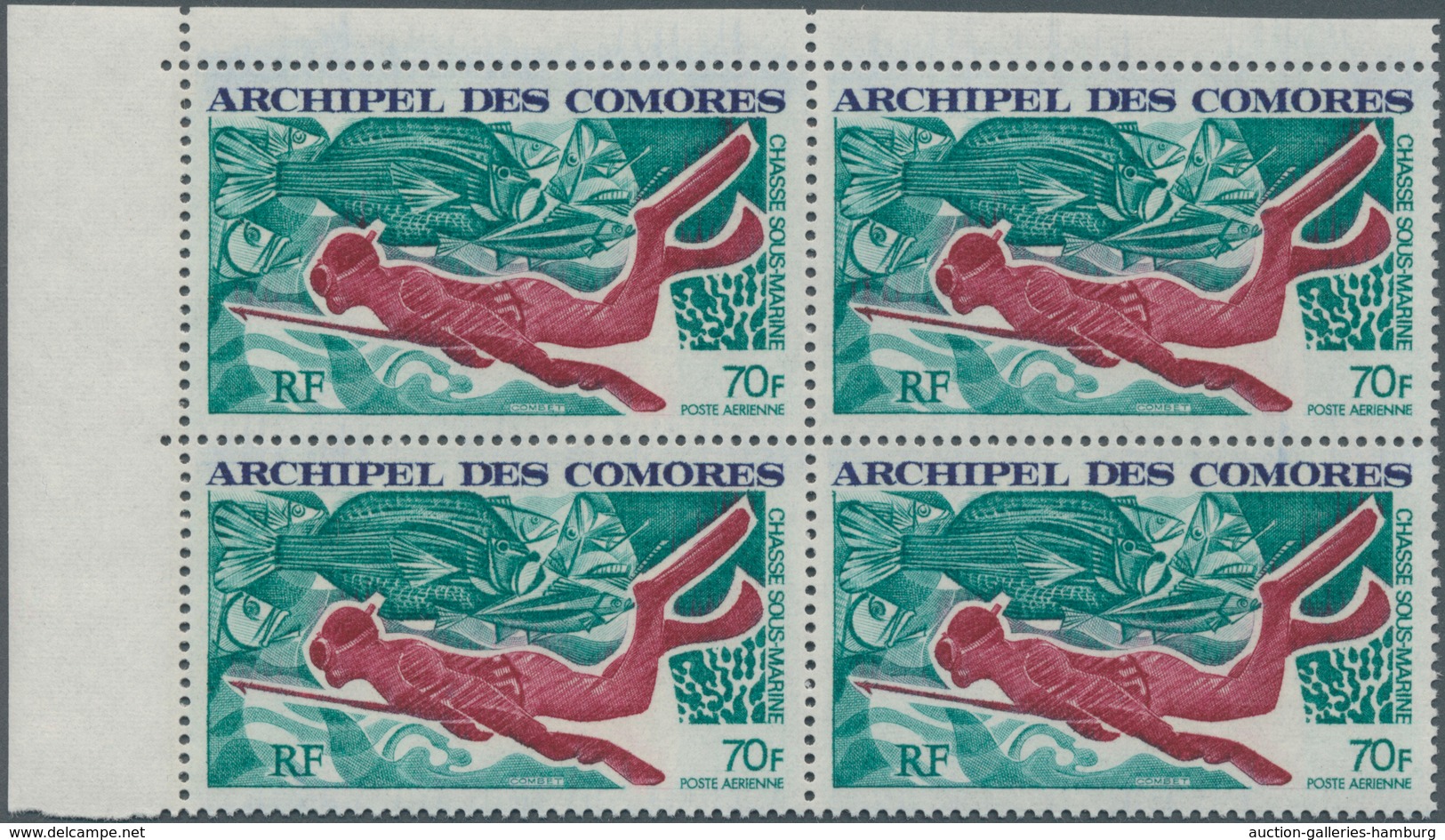 Komoren: 1972, Underwater Fishing 70fr. ‚diver With Harpoon And Fishes‘ In An INVESTMENT LOT With Ab - Komoren (1975-...)