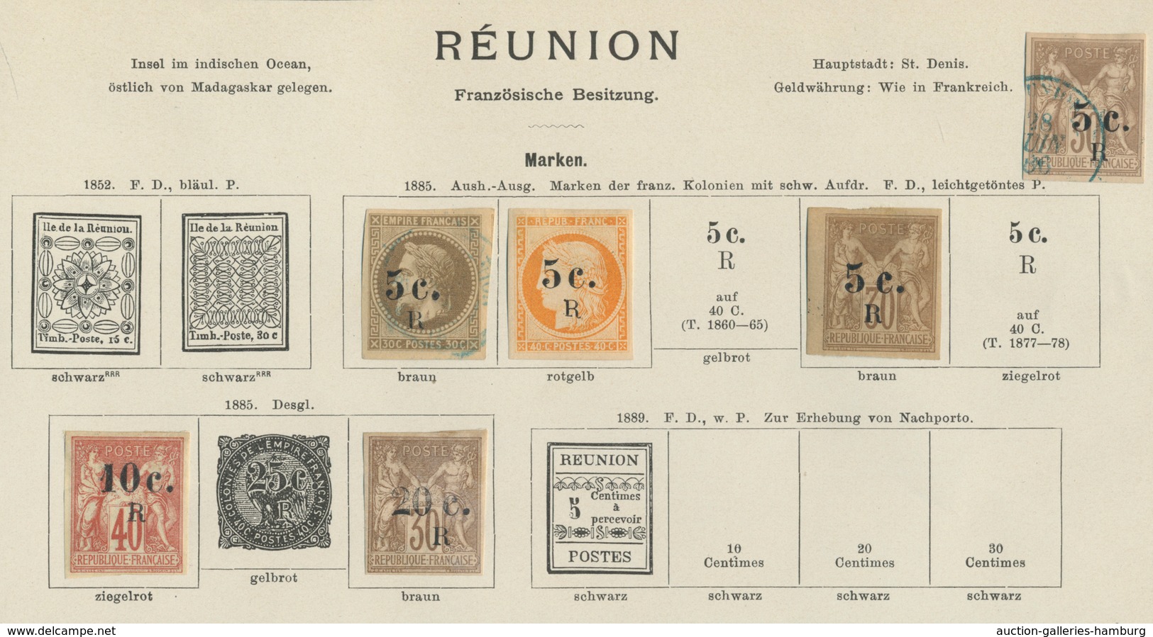 Reunion: 1885, Interessantes Los Von 6 Aufdruckwerten, Dabei Eine Marke Gestempelt - Sonstige & Ohne Zuordnung