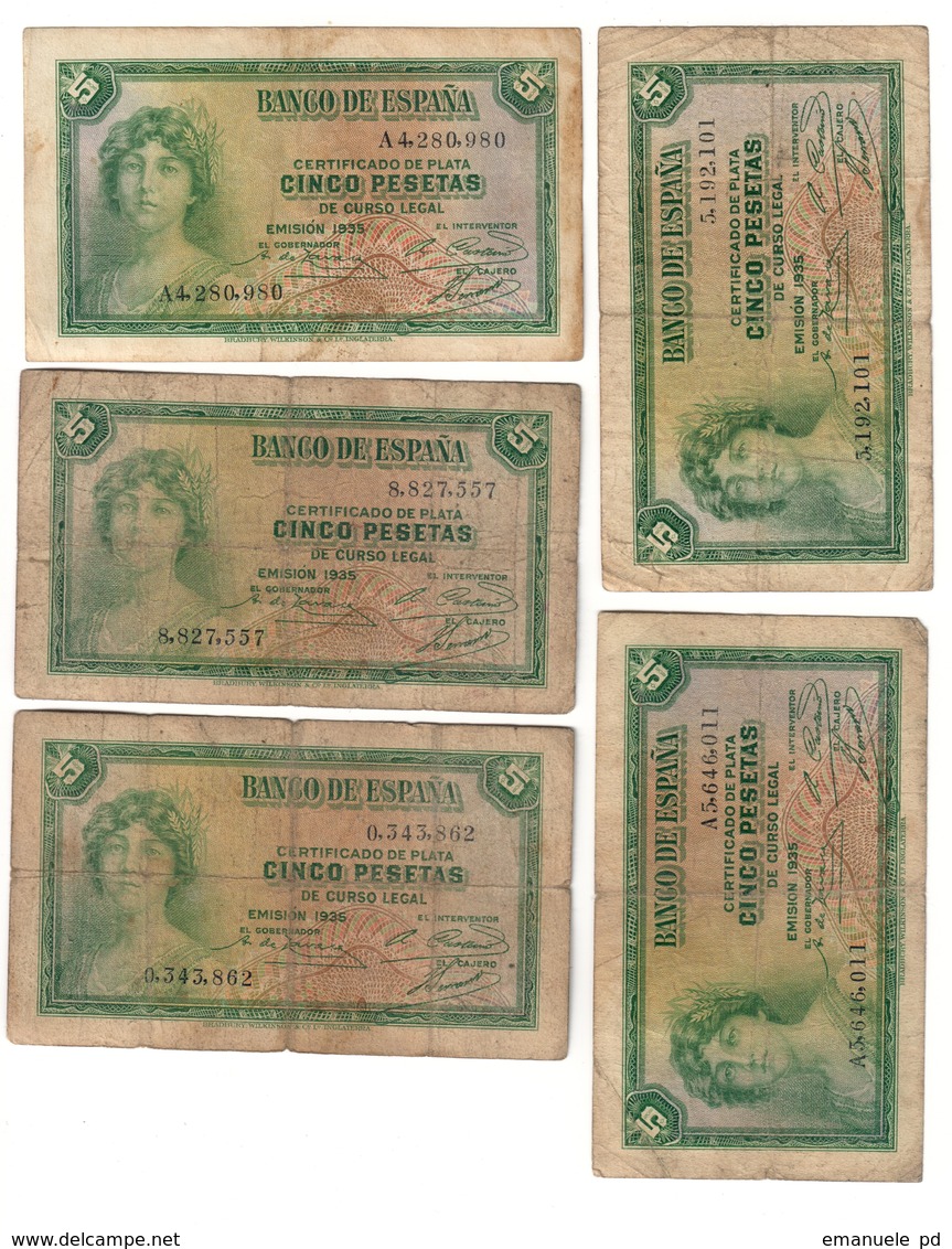 Spain Lot 5 Banknotes 5 Pesetas 1935 - 5 Pesetas