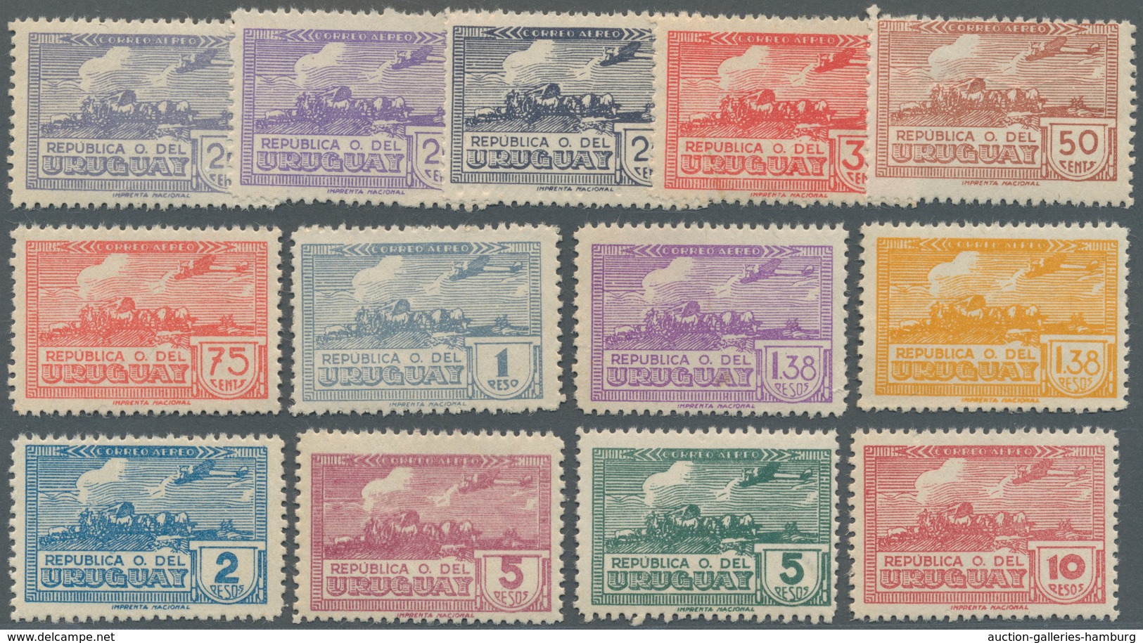 Uruguay: 1939/1944, Airmails ‚airplane Over Bullock Carriage‘ Complete Set Of 13 In A Lot With 30 Se - Uruguay