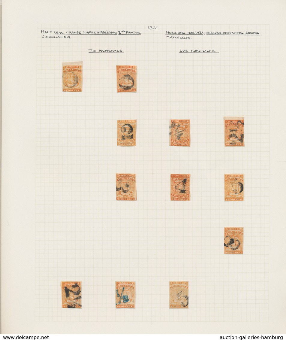 Venezuela: 1861, Collection Of 53 Examples Of 1/2 R., 2 Nd Printing On Pages. 13 Pieces Including On - Venezuela