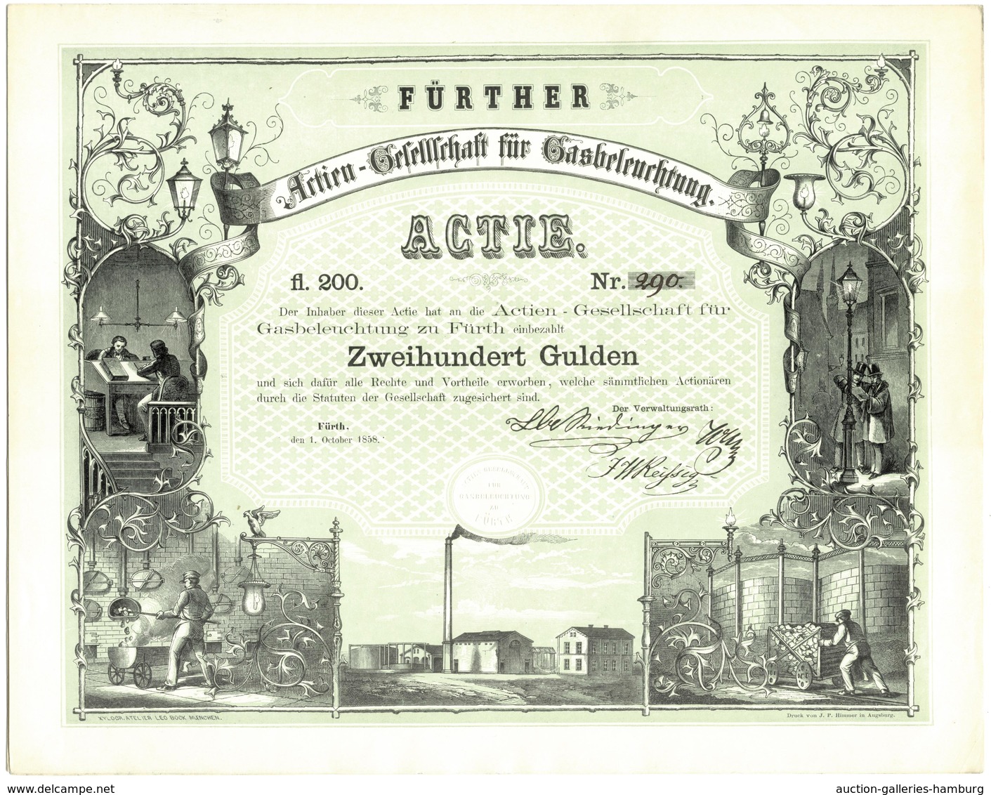 Alte Aktien / Wertpapiere: 1858, Aktien-Gesellschaft Für Gasbeleuchtung Zu Fürth, Aktie über 200 Gul - Sonstige & Ohne Zuordnung