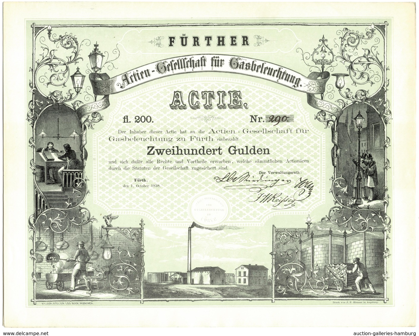 Alte Aktien / Wertpapiere: 1858, Aktien-Gesellschaft Für Gasbeleuchtung Zu Fürth, Aktie über 200 Gul - Other & Unclassified