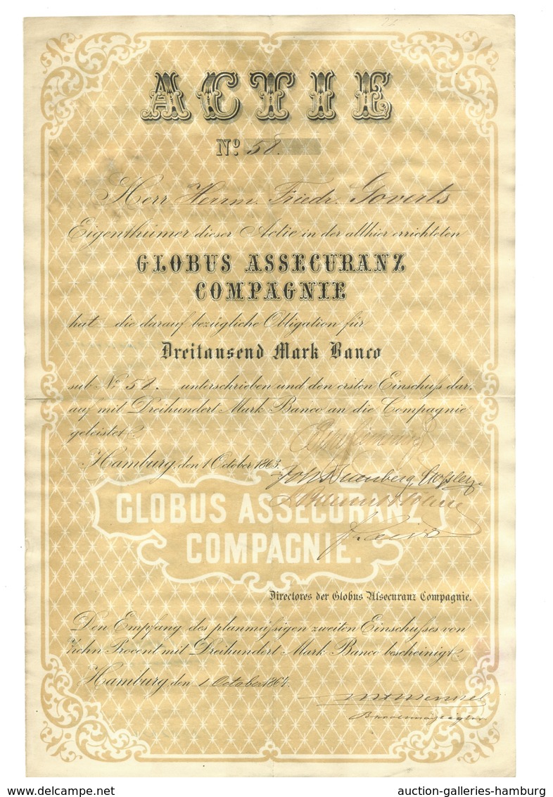 Alte Aktien / Wertpapiere: 1863, Globus Assecuranz-Compagnie, Hamburg, Gründer-Aktie 3.000 Mark, Gef - Otros & Sin Clasificación