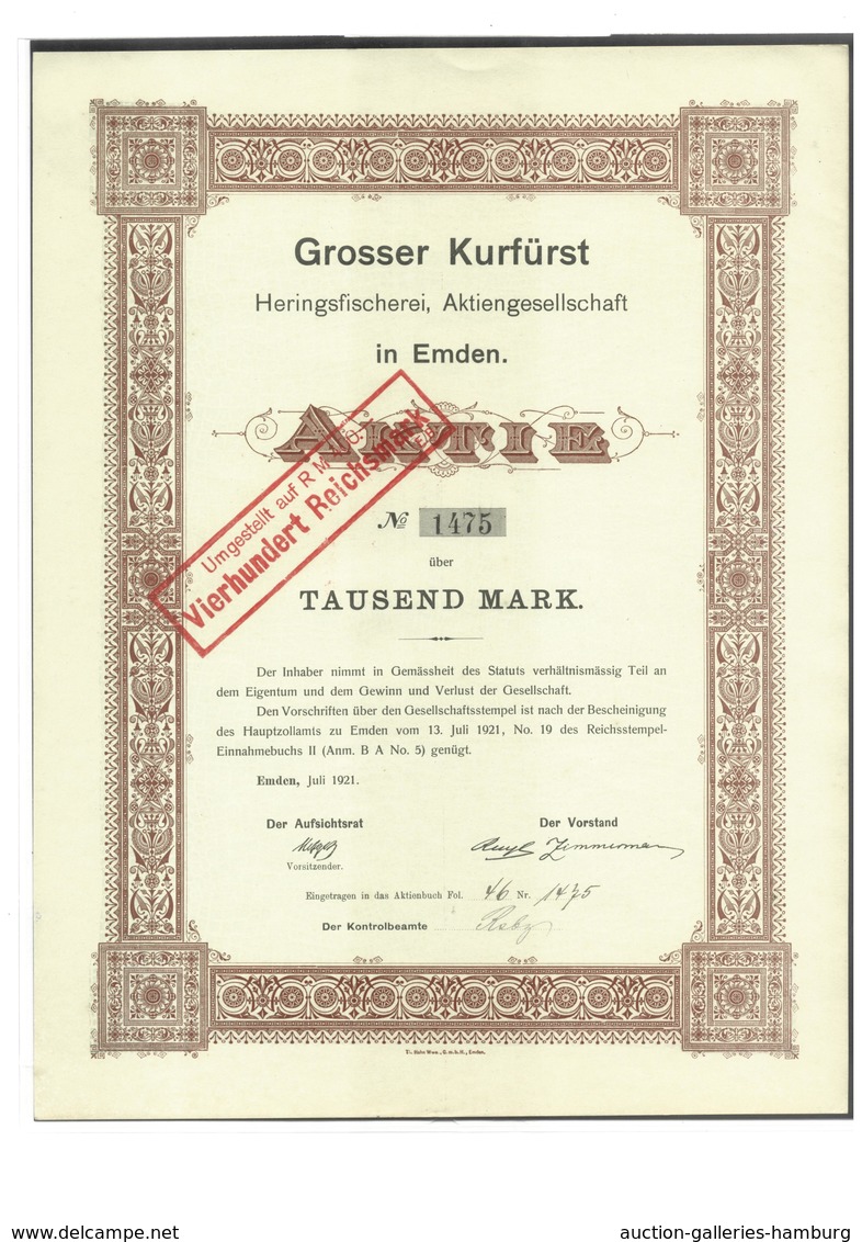 Alte Aktien / Wertpapiere: 1921, "Grosser Kurfürst" Heringsfischerei, Emden, Aktie 1000 Mark, Dekora - Other & Unclassified