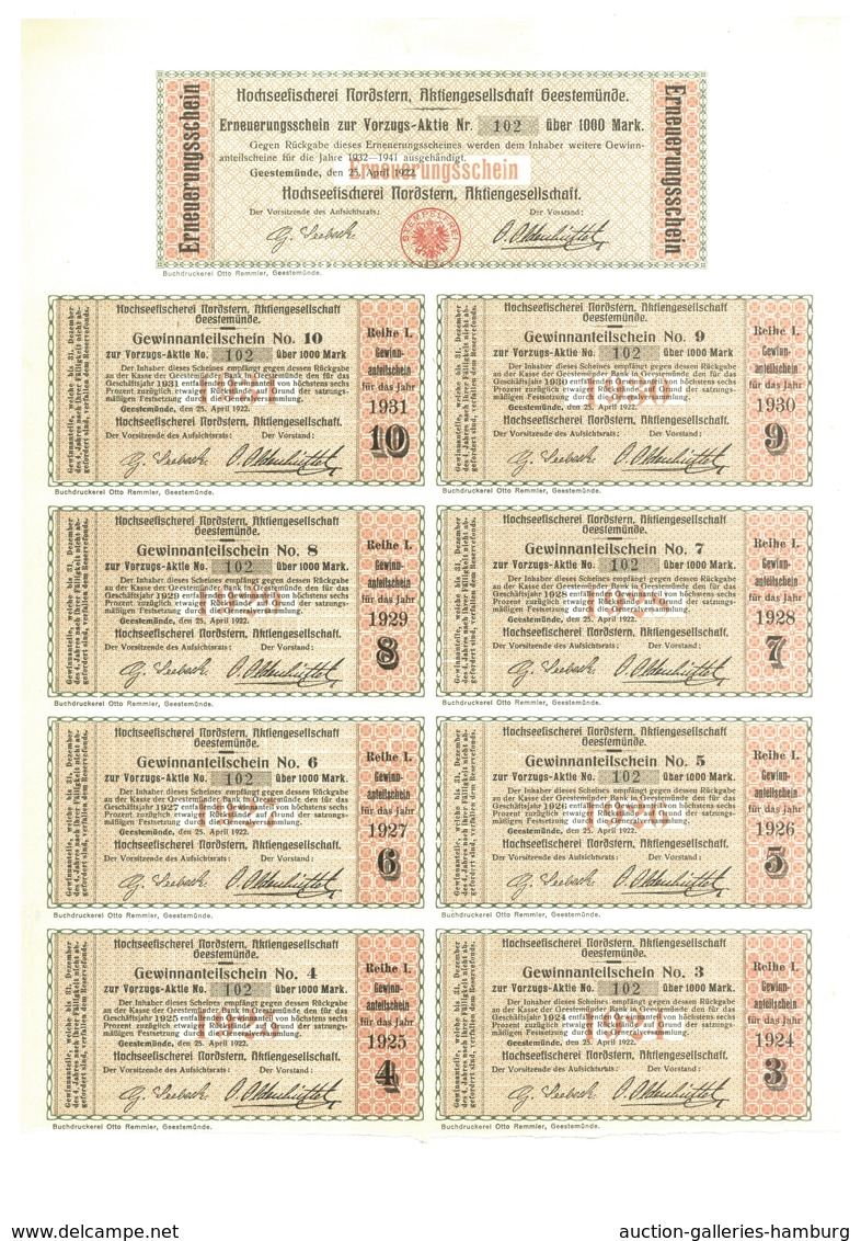 Alte Aktien / Wertpapiere: 1922, Hochseefischerei Nordstern, Geestemünde, Vorzugsaktie 1000 Mark Im - Sonstige & Ohne Zuordnung