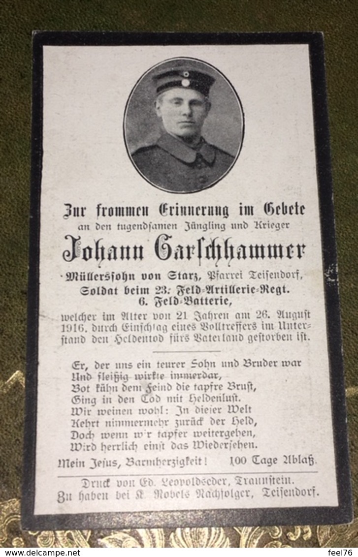 Sterbebild Wk1 Ww1 Bidprentje Avis Décès Deathcard FAR23 Voltreffer Im Unterstand Aus Starz Teisendorf August 1916 - 1914-18