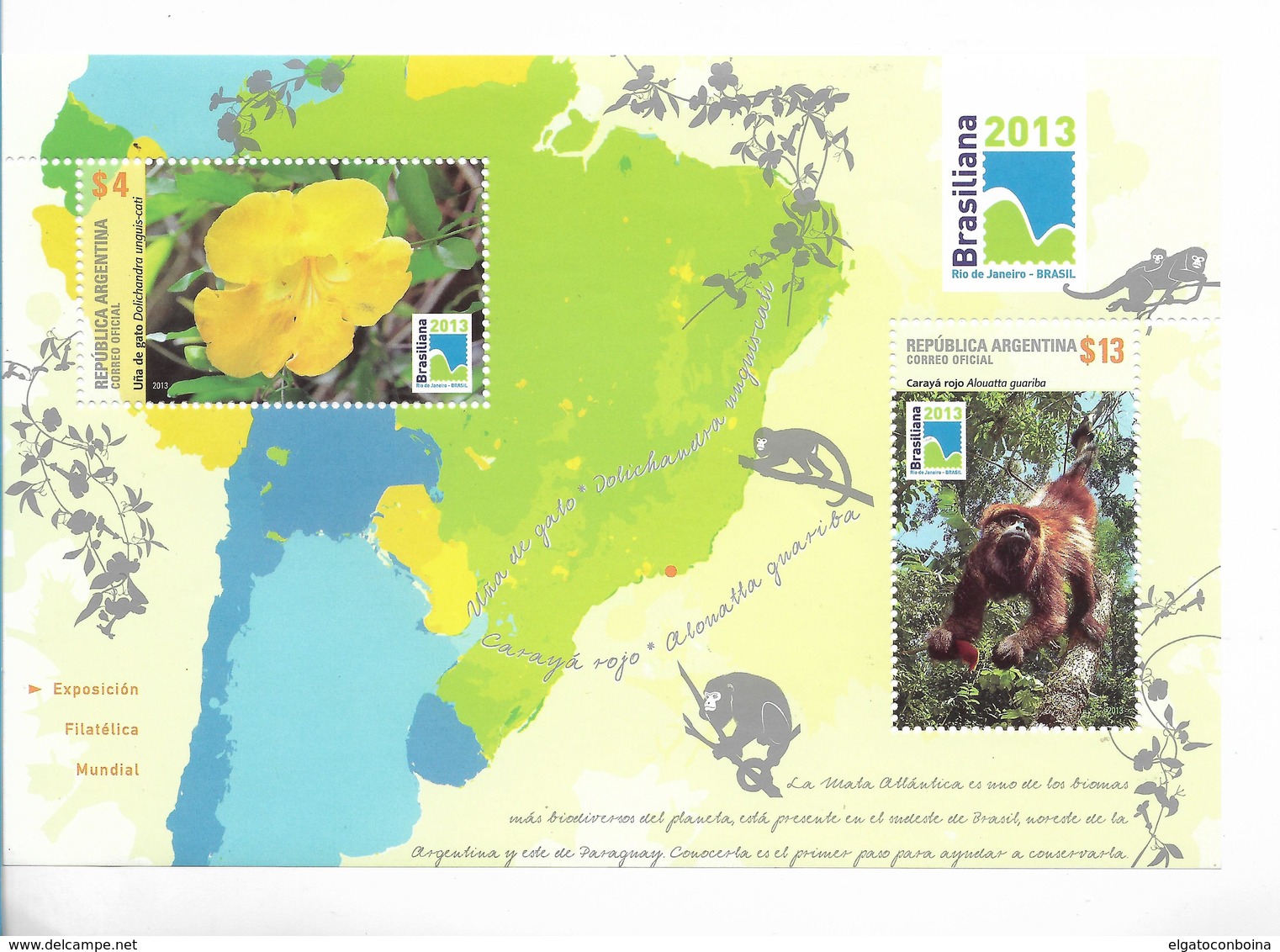 ARGENTINA 2013 WORLD PHILATELIC EXHIBITION BRASILIANA MONKEY FAUNA SS MNH - Unused Stamps