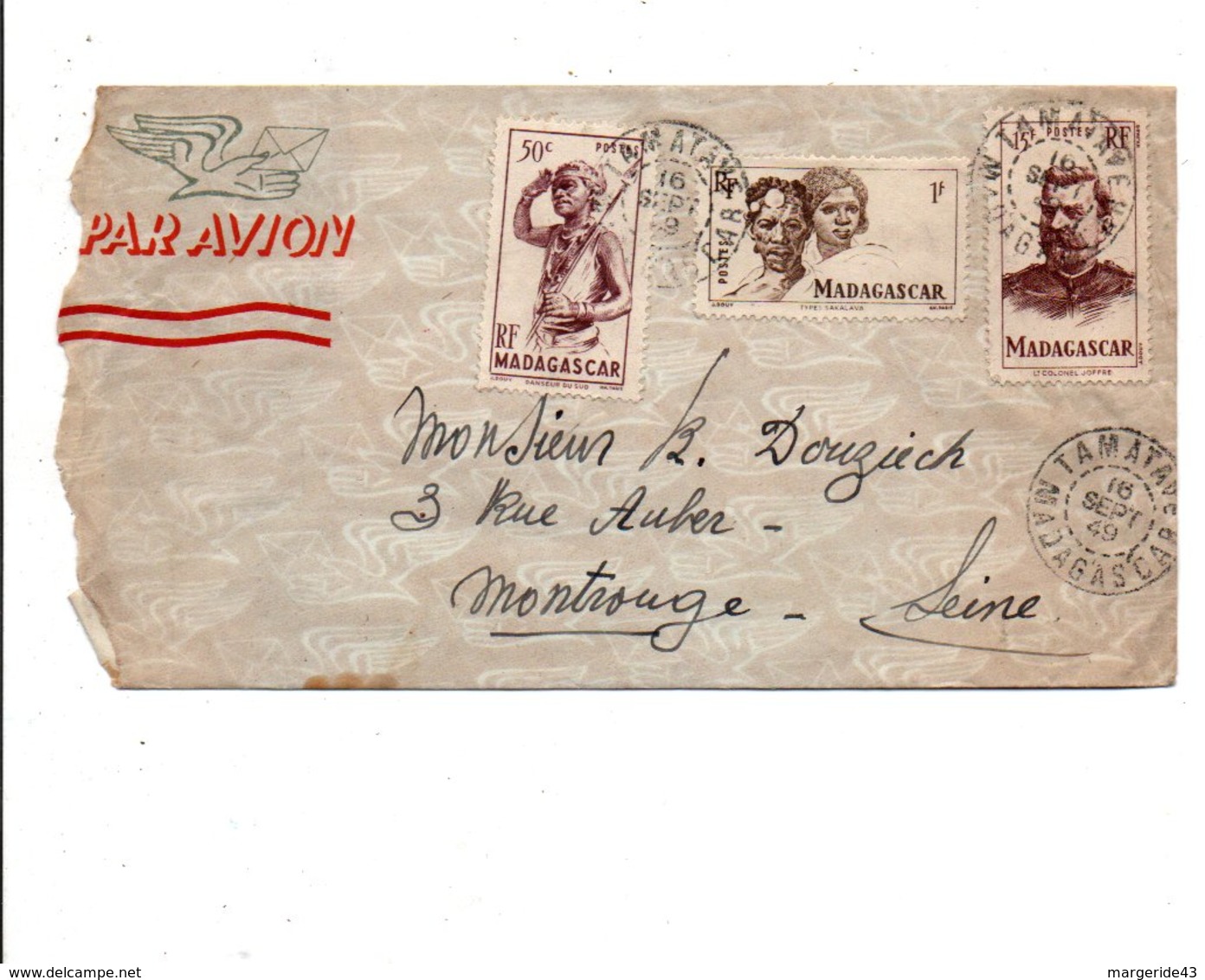 MADAGASCAR AFFRANCHISSEMENT COMPOSE SUR LETTRE POUR LA FRANCE 1949 - Lettres & Documents