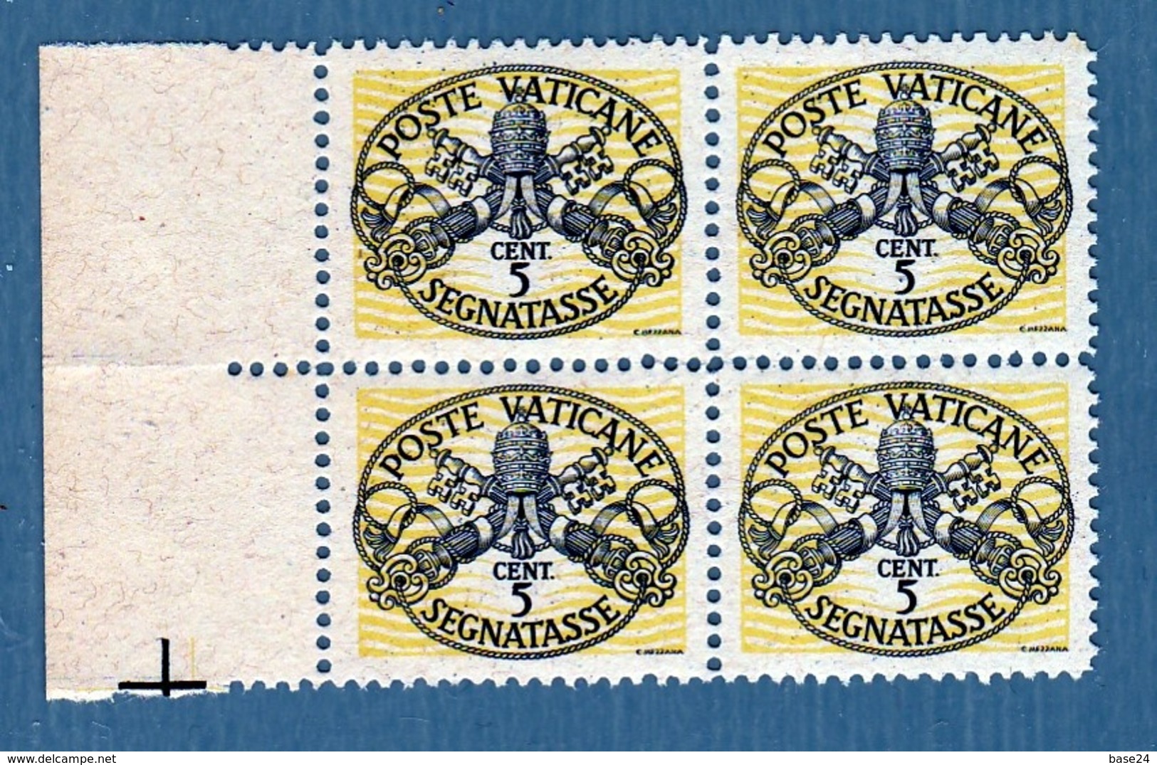 1946 Vaticano Vatican SEGNATASSE  POSTAGE DUE 5c (x4) Righe Larghe Carta Bianca Quartina MNH** Firm.Biondi - Taxes