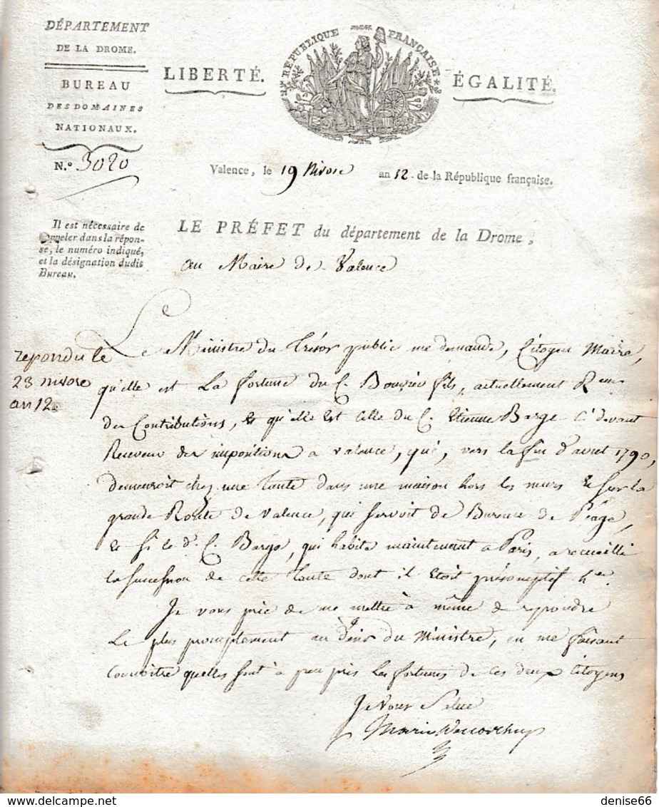 Nivôse An 12 - VALENCE - DOMAINES NATIONAUX - Le Préfet Du Département De La DRÔME - Historical Documents