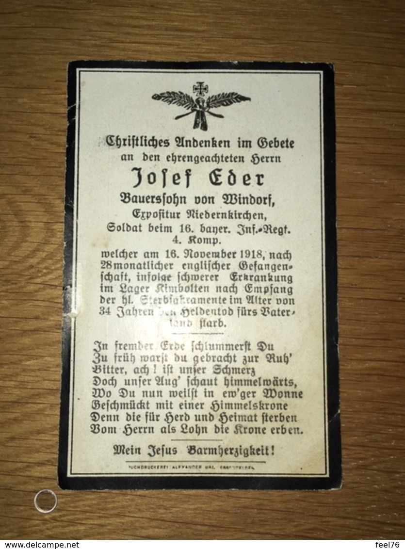 Sterbebild Wk1 Ww1 Bidprentje Avis Décès Deathcard IR16 Englische Gefangenschaft CANNOCK CHASE Block 11 Reihe 7 Grab 108 - 1914-18