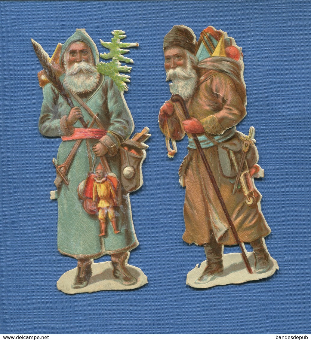 Bel Ensemble Deux Chromos Decoupis Gaufrés Embossed Pere NOEL Sapin Jouets 10,5 Cm Hauteur - Motiv 'Weihnachten'