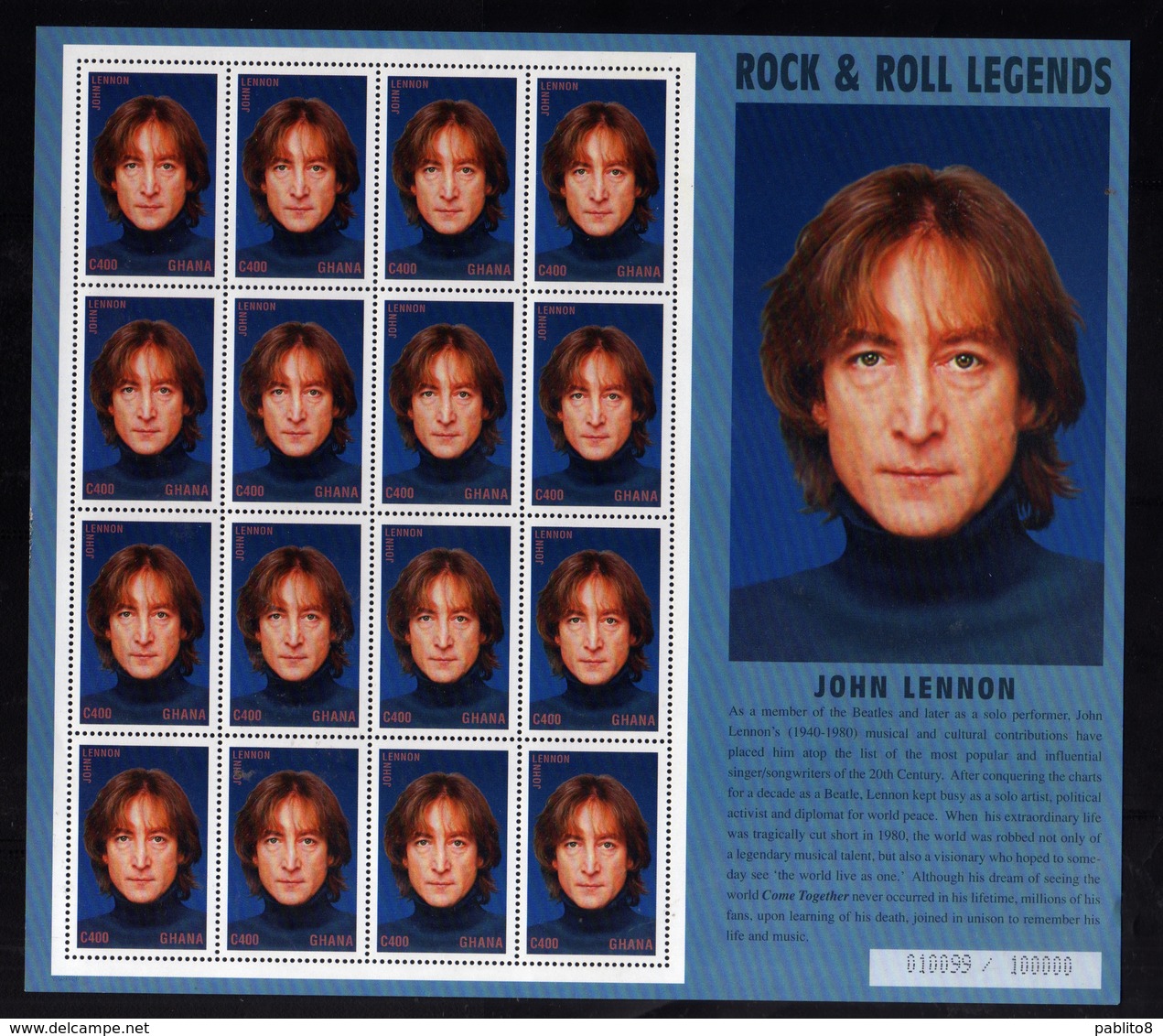 GHANA GANA 1995 JOHN LENNON BEATLES BLOCK SHEET BLOCCO FOGLIETTO BLOC FEUILLET MNH - Ghana (1957-...)