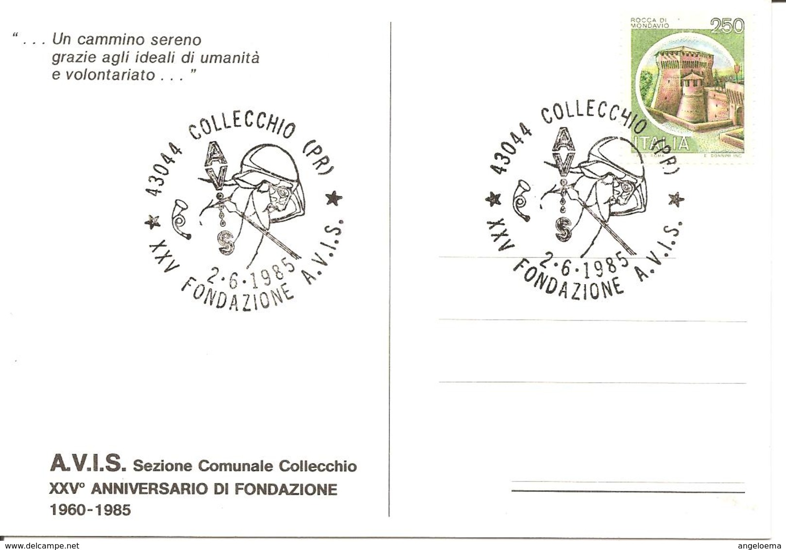 ITALIA - 1985 COLLECCHIO (PR) XXV Fondazione Donatori Sangue AVIS Su Cartolina Speciale - 1767 - Altri & Non Classificati