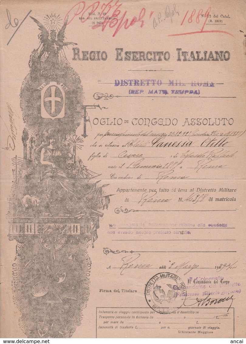 Foglio Di Congedo Assoluto. 1929. Regio Esercito Italiano - Documentos