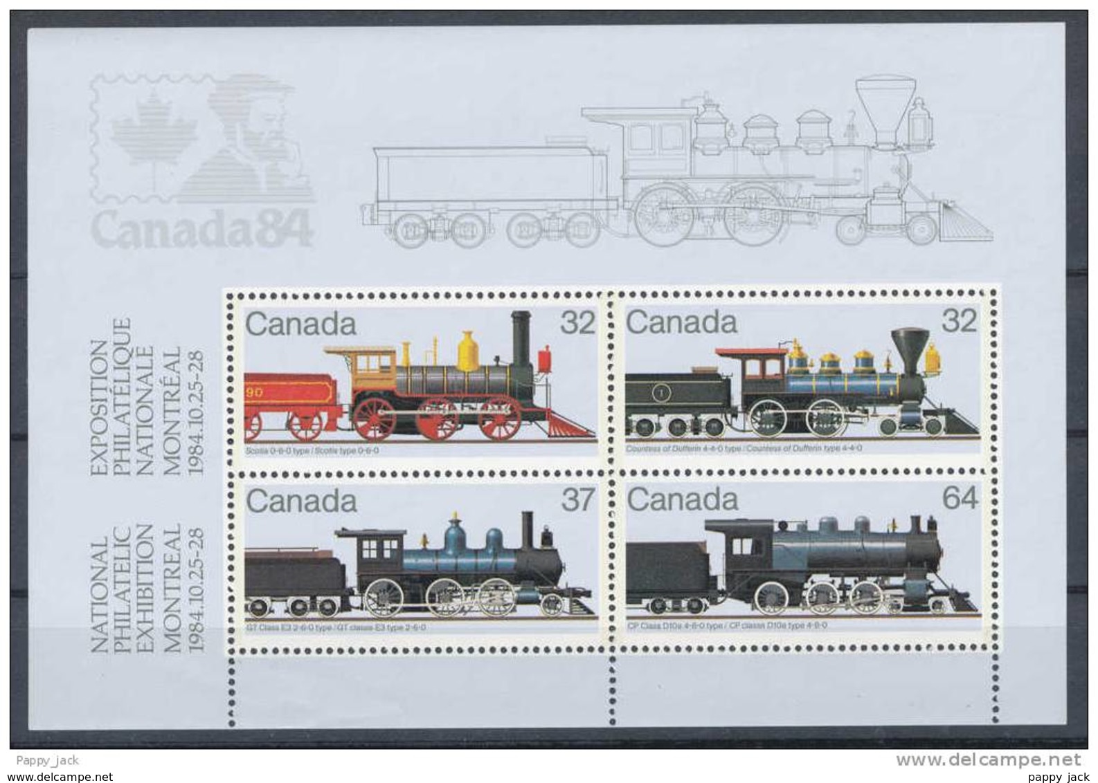 Canada 1984 Trains Locomotives SCOTT # 1036 - 1039 PERF 4 On Souvenir Sheet MNH - Trains