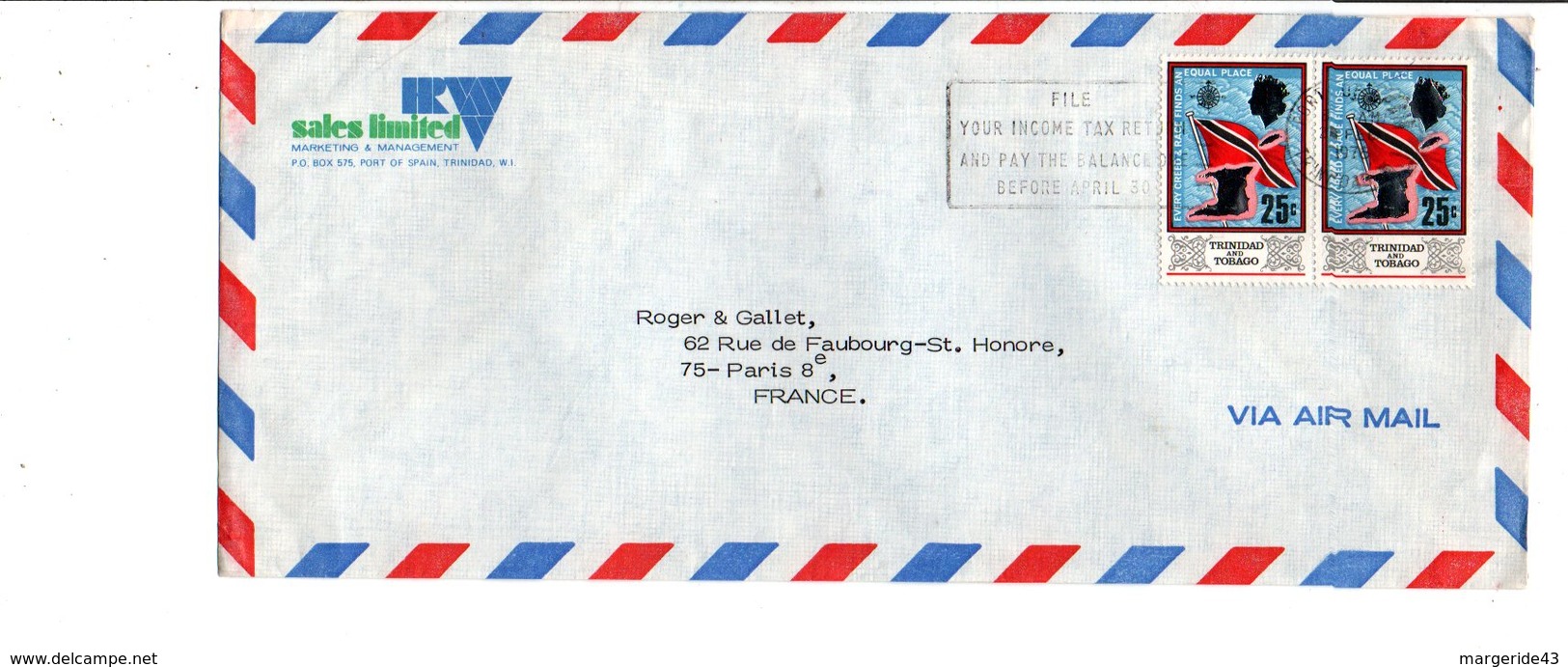 TRINIDAD & TOBAGO AFFRANCHISSEMENT COMPOSE SUR LETTRE POUR LA FRANCE 1976 - Trinité & Tobago (1962-...)