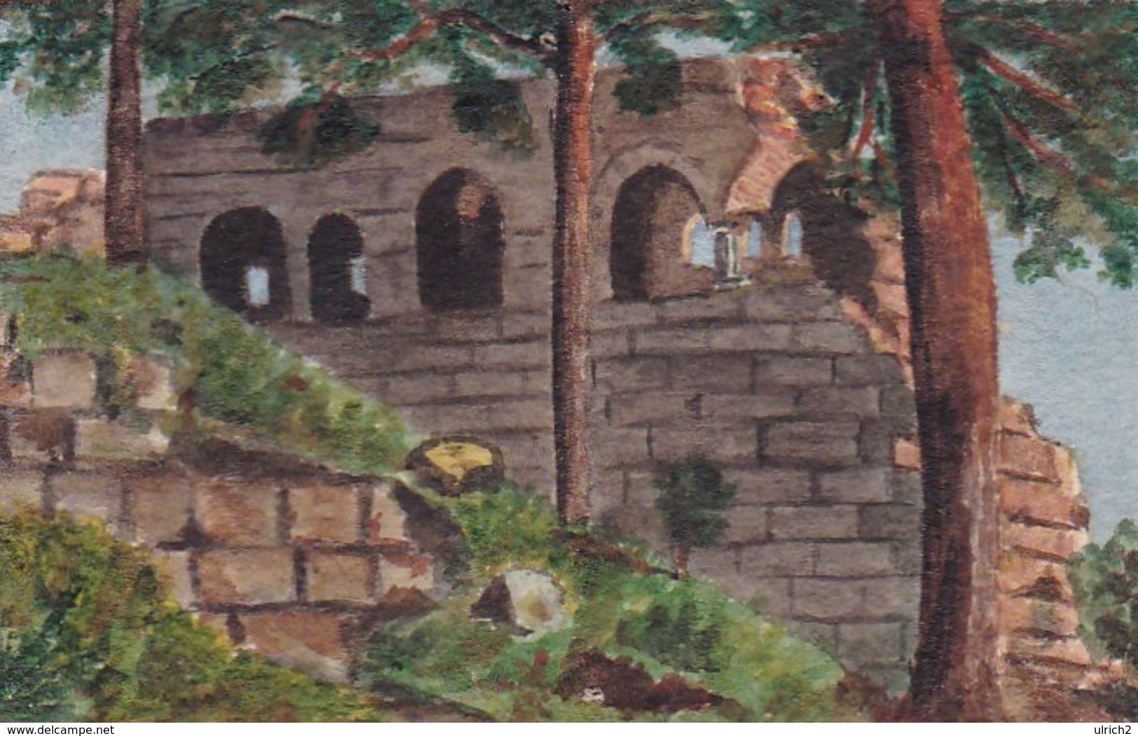 Gemälde Ruine Im Wald - Pastell Auf Karton - 12*7,5cm (42926) - Pastell