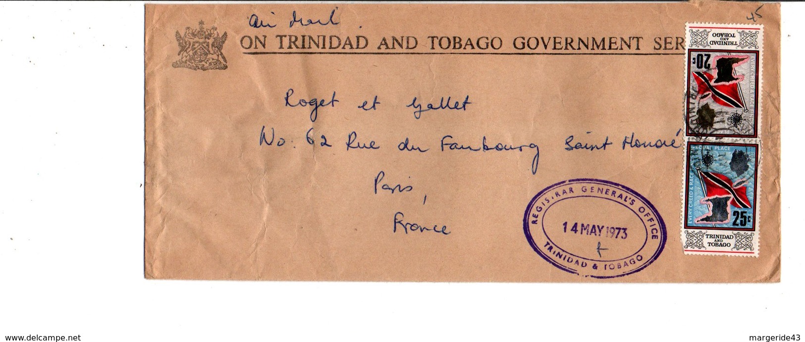 TRINIDAD & TOBAGO AFFRANCHISSEMENT COMPOSE SUR LETTRE POUR LA FRANCE 1973 - Trinité & Tobago (1962-...)