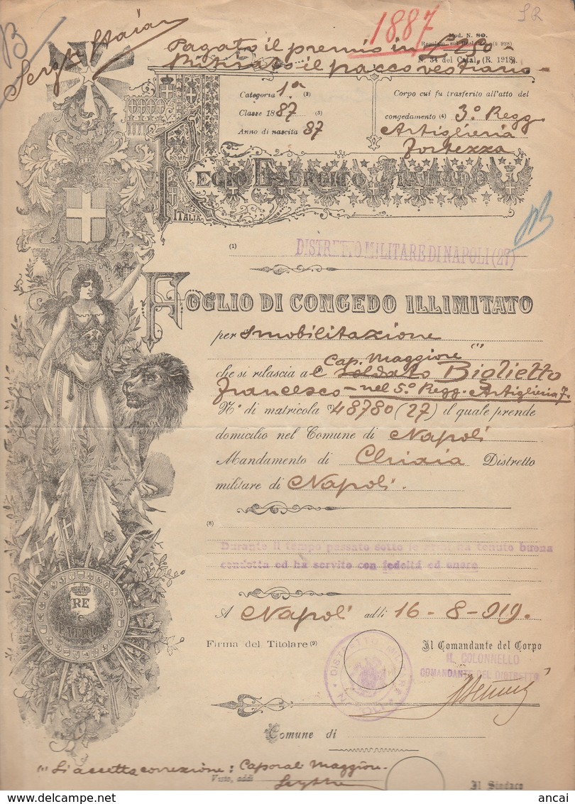 Foglio Di Congedo Illimitato. 1919. Regio Esercito Italiano - Documenti