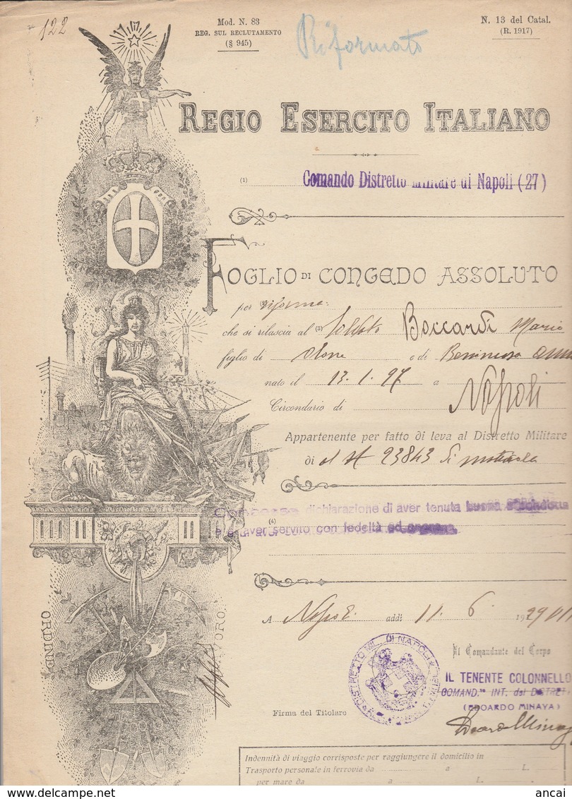 Foglio Di Congedo Assoluto. 1929. Regio Esercito Italiano - Documenti