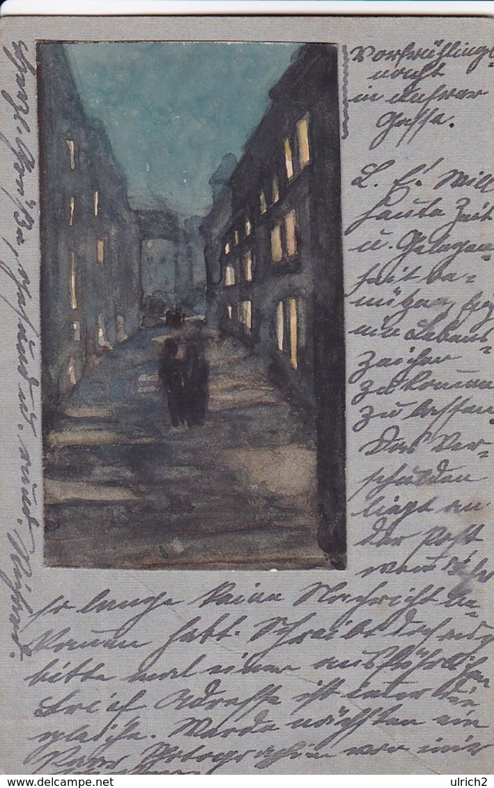 Orig. Aquarell 10*5,5cm - Aufgeklebt Auf Postkarte - Nächtliche Gasse - Ca. 1920 (42929) - Aquarelles