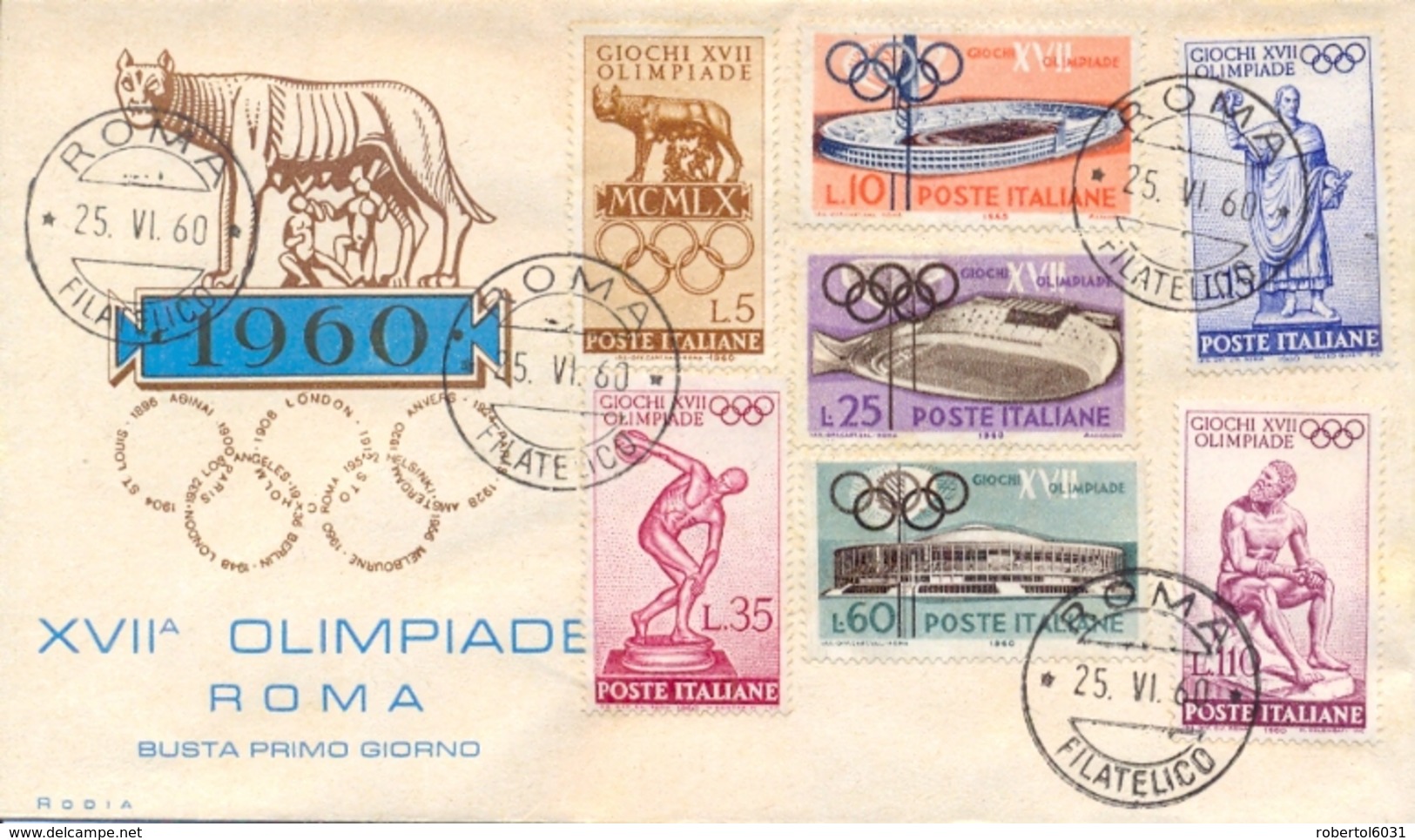 Italia Italy 1960 FDC RODIA XVII Giochi Olimpici A Roma 17th Summer Olympic Games In Rome - Estate 1960: Roma