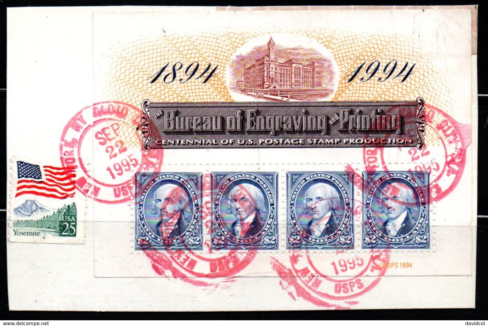 R869.-.USA - 1994 - BUREAU OF ENGRAVING AND PRINTING, USED MINISHEET ON PIECE - Gebraucht
