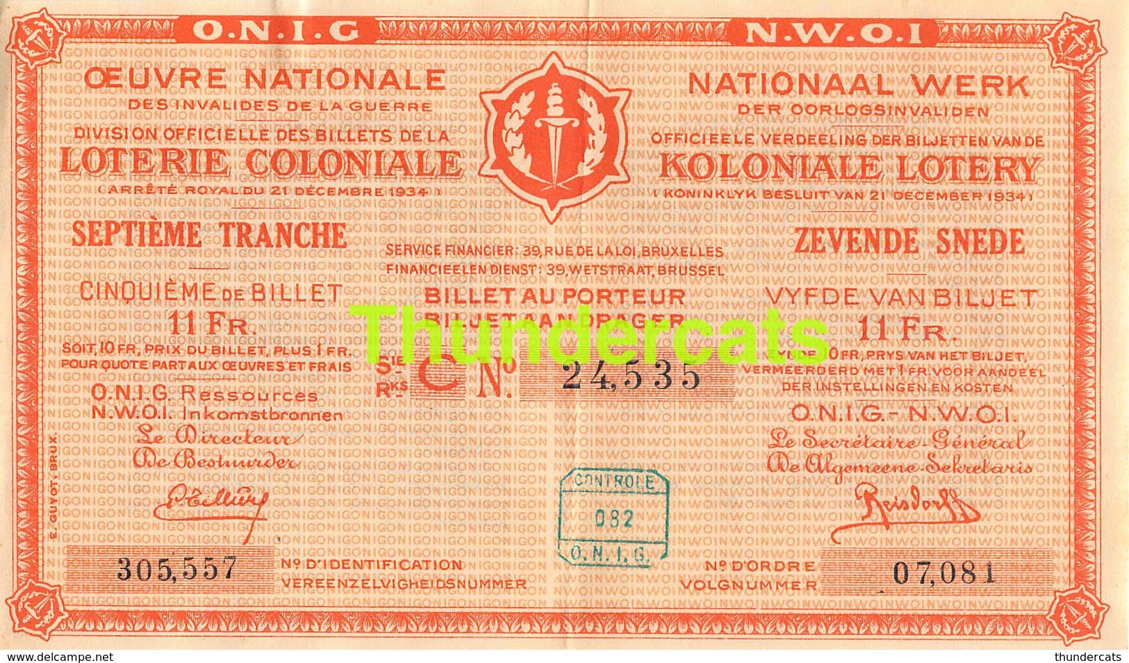 ANCIEN BILLET DE LOTERIE COLONIALE CONGO ** 1934 - D  TRANCHE - 7 E SNEDE ** KOLONIALE LOTERIJ BILJET - Billets De Loterie