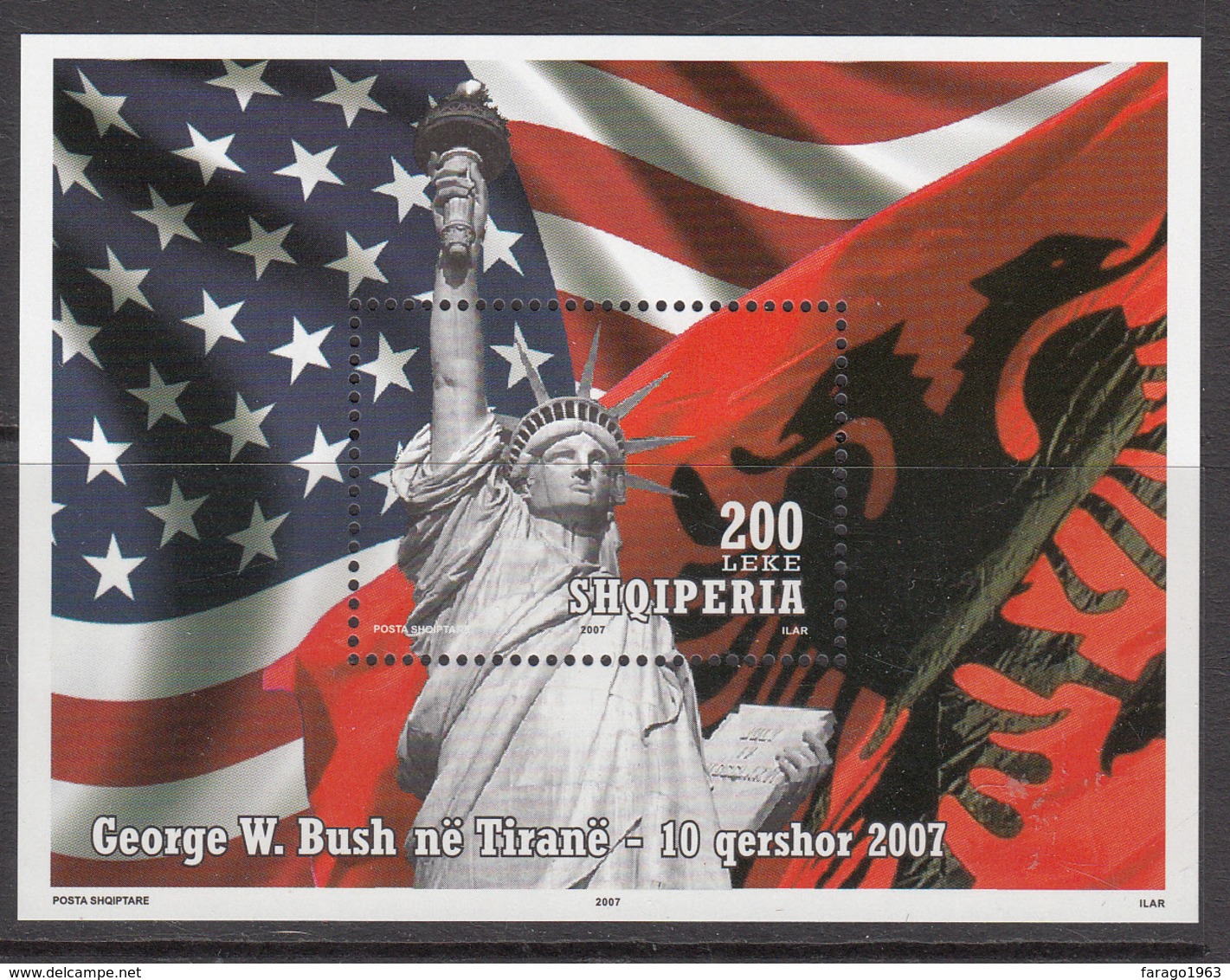 2007 Albania Albanie USA Statue Liberty Souvenir Sheet MNH - Albanie