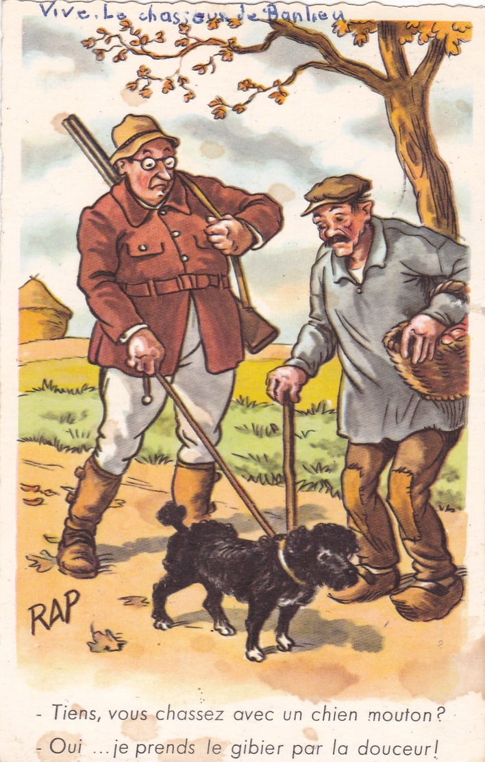 ILLUSTRATEUR "RAP" 1 CHASSEURS Et Son CHIEN-1 PAYSAN- Chien- Automne-Ecrite- Timbrée- 1961-Cachet SEIGNELAY - Altri & Non Classificati