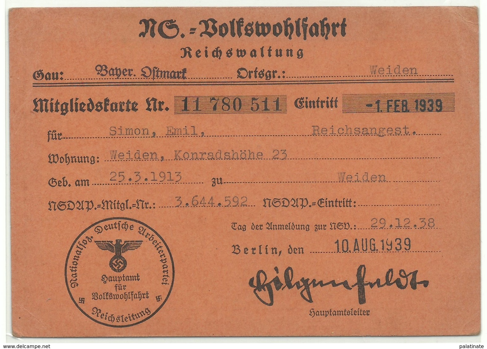 NS-Volkswohlfahrt Mitgliedskarte Weiden Oberpfalz 1939 - Documentos Históricos