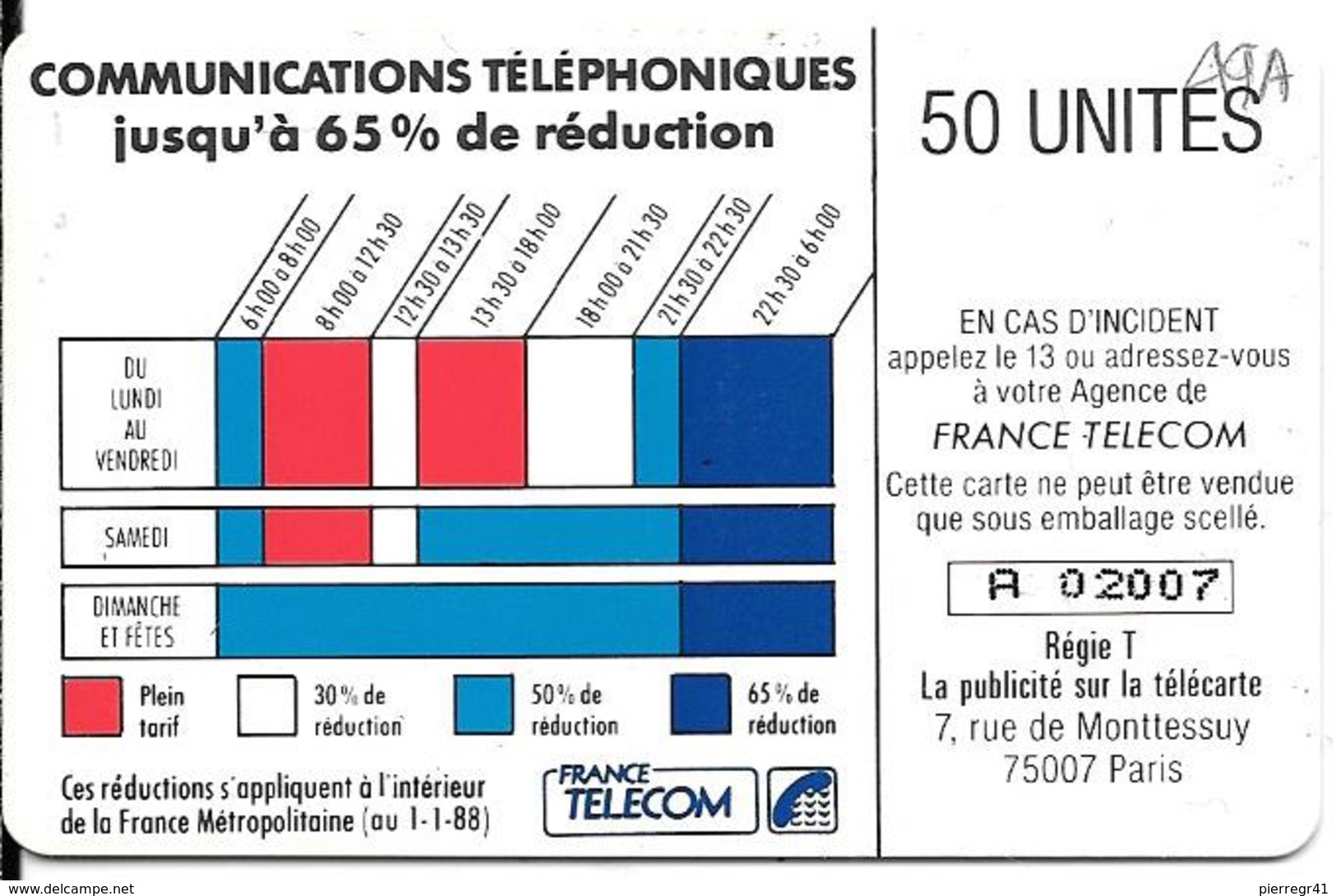 CARTE-PUBLIC-KO49A.670-SO3-50U-CORDON-FOND BLEU-OFFSET-V° N°A 02007/4Pe-Reste 33U-TBE - Cordons'