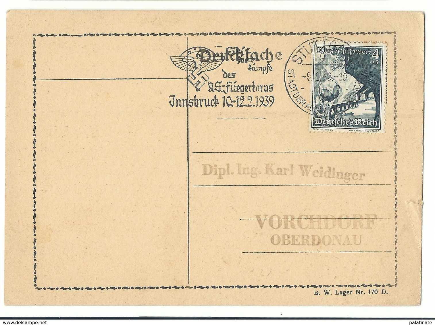 Postkarte Blanko Werbestempel STUTTGART "Ski-Wettkämpfe Des NS-Fliegerkorps Innsbruck 10.-12.2.1939 - Storia Postale