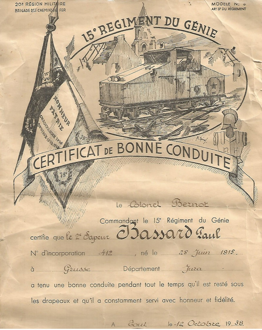 Cerificat De Bonne Conduite 15 éme Regiment Du Génie 1938 - Non Classés