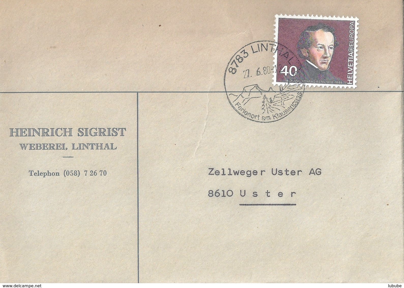 Motiv Brief  "Weberei Sigrist, Linthal"            1980 - Storia Postale