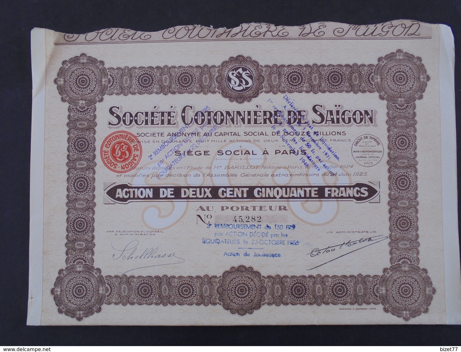 INDOCHINE, SAIGON - STE COTONNIERE DE SAIGON - ACTION DE 250 FRS - PARIS 1925 - LOT DE 2 TITRES - Otros & Sin Clasificación