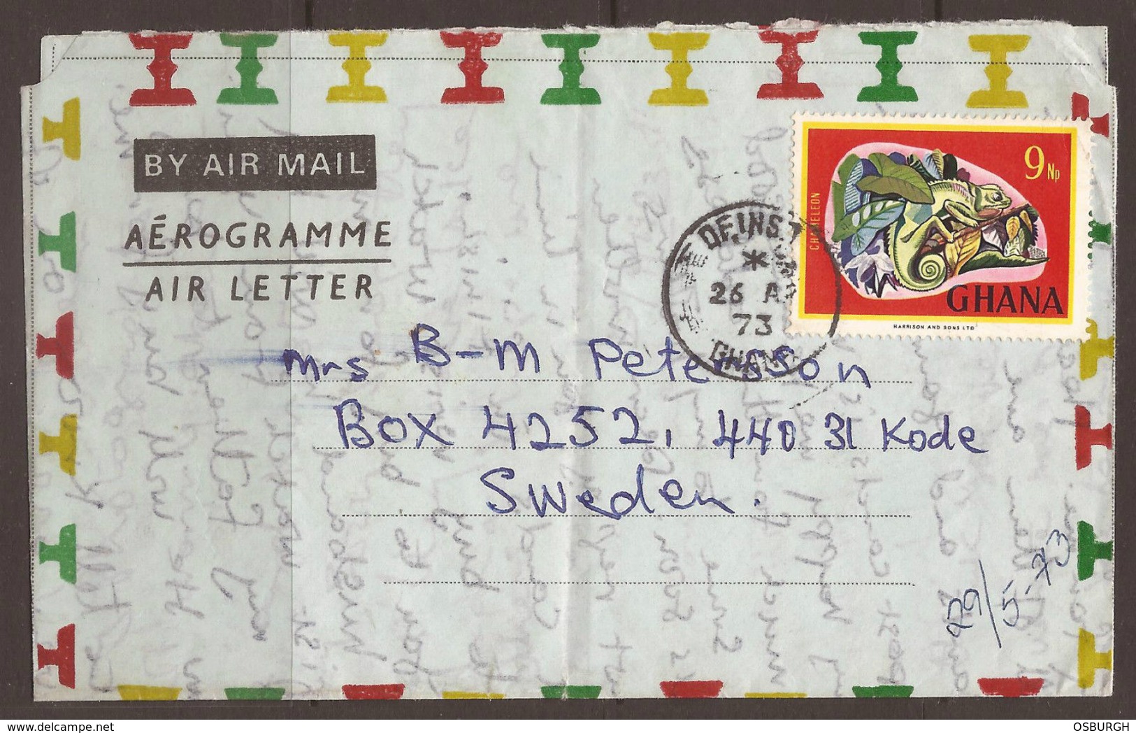 GHANA / SWEDEN. 1973. AIR MAIL / AEROGRAMME. 9d STAMP CANCELLED OFINSO - Ghana (1957-...)