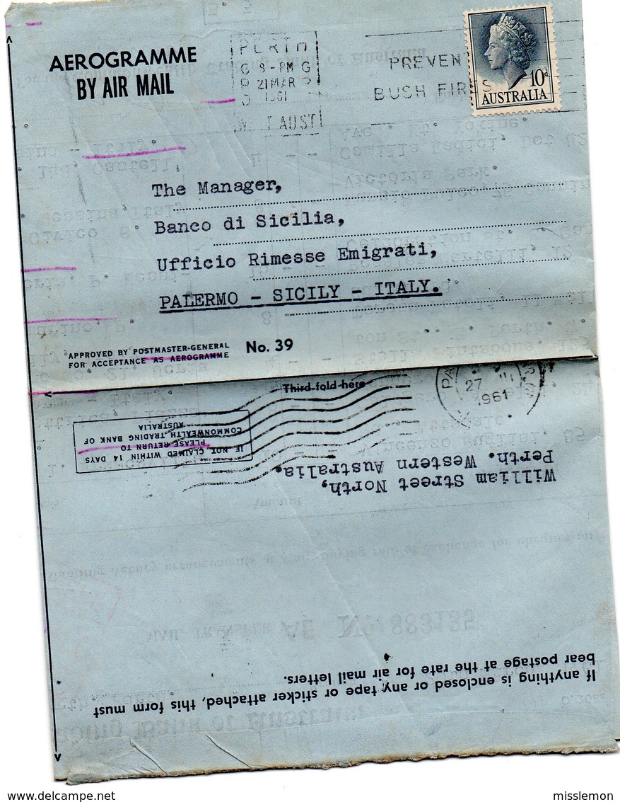 AEROGRAMME BY AIR MAIL BY WESTERN AUSTRALIA TO SICILY - Storia Postale