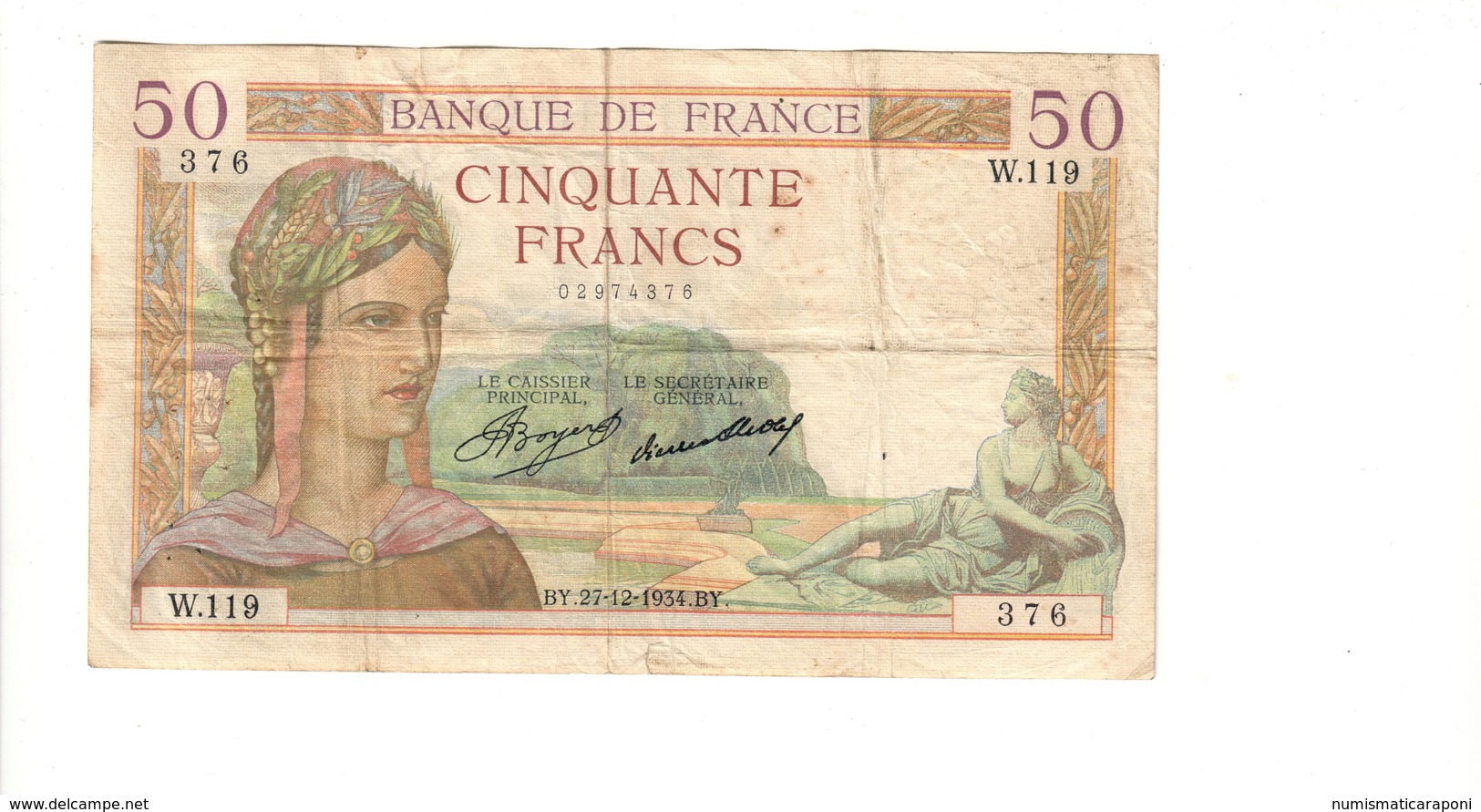 Francia 50 Francs  1934-1940 Cérès 27 12 1934 Km#81 Lotto 2678 - 50 F 1934-1940 ''Cérès''